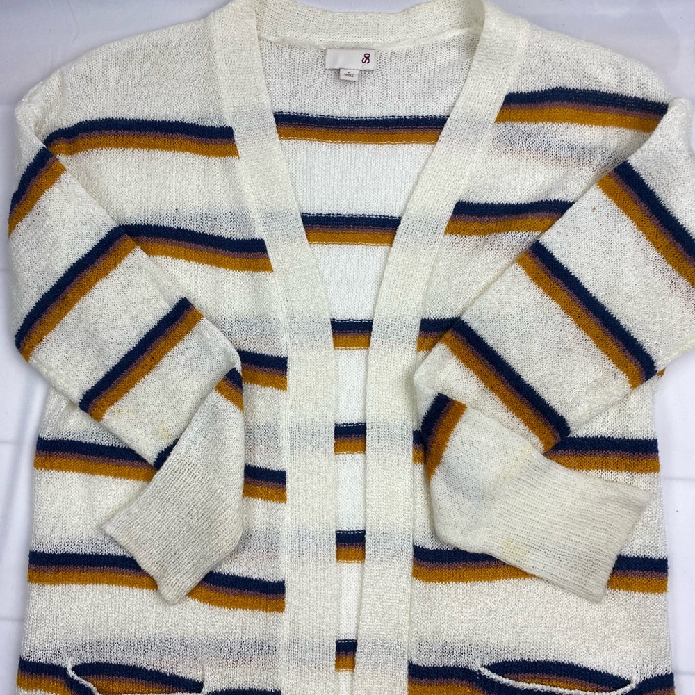 SO- Sweater- White with yellow, purple and blue stripes . Large. Open front .